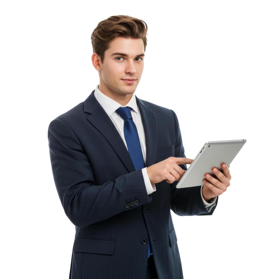 Man in a suit holding a tablet with white background looking at the camera and pointing at the screen photo