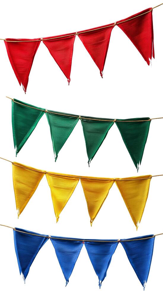 A display of colorful triangle flags hanging on strings against a white studio backdrop scene view photo