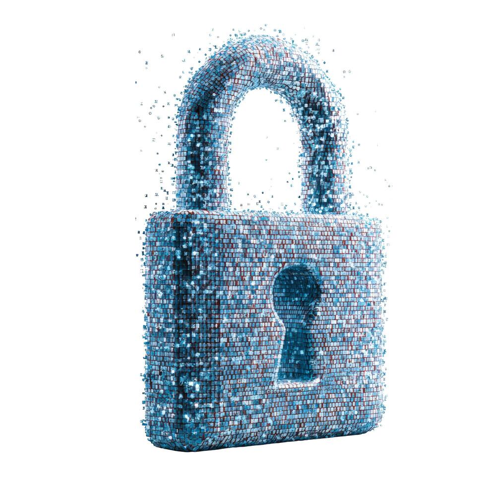 A digital padlock constructed from tiny blocks with a keyhole against a white studio backdrop view photo