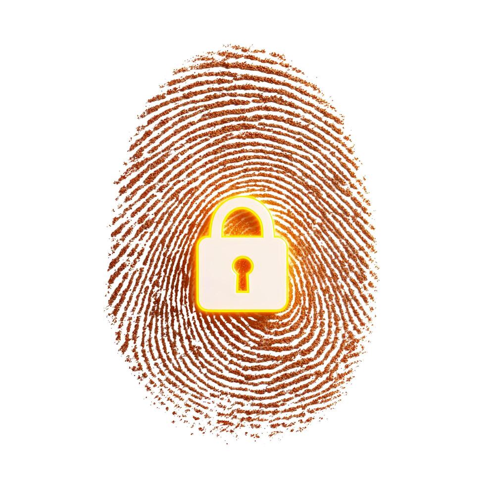 A fingerprint with a padlock overlayed in the center on a plain white isolated background image view photo
