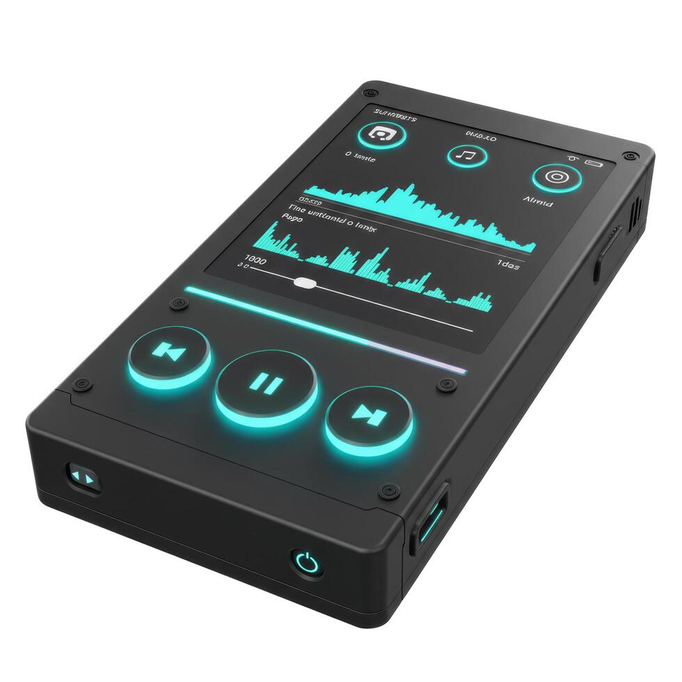 A black digital audio player with a screen showing music waveforms and illuminated control buttons displayed photo