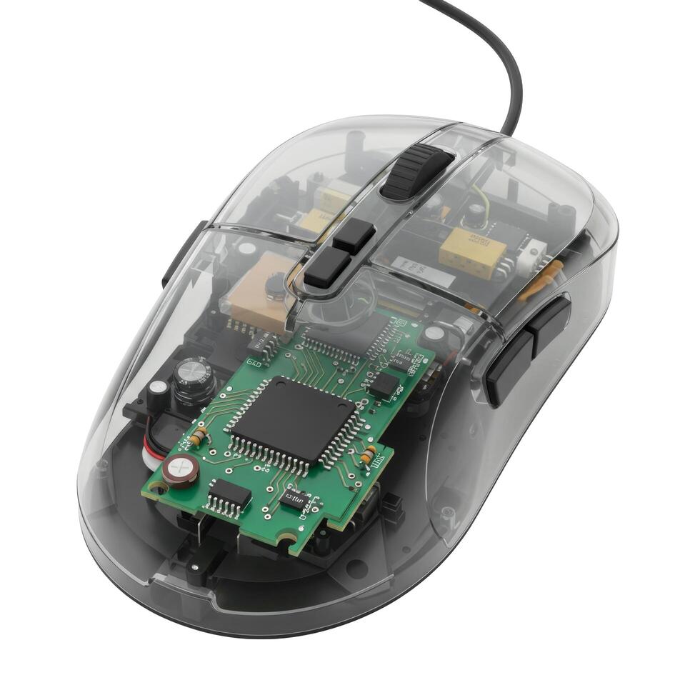 A transparent computer mouse revealing internal components on a white background close up view object photo