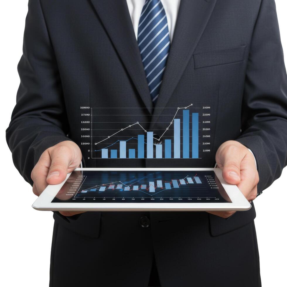A man in a suit holding a tablet displaying business graphs and charts for financial analysis data photo