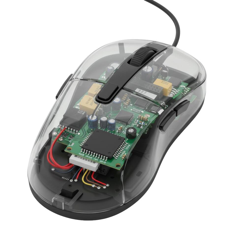 A transparent computer mouse showing the internal circuit board and electronic components on a white backdrop photo