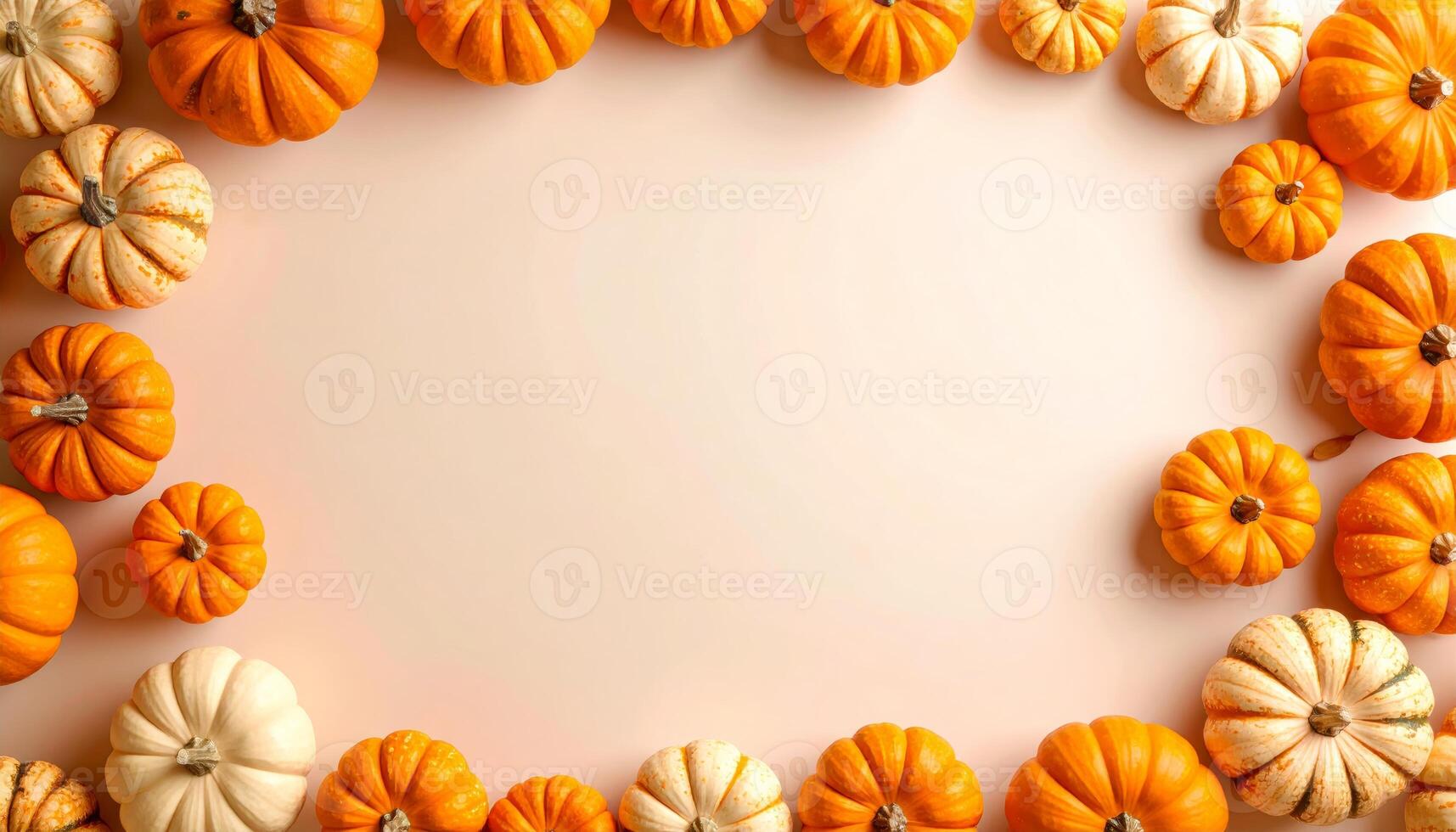 A collection of small pumpkins and gourds arranged in a border on a light peach background, creating a frame for text or design elements, isolated on white background photo