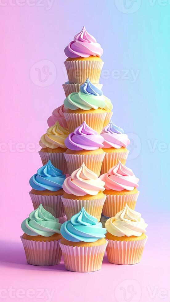 A delightful array of colorful cupcakes arranged in a whimsical tower against a vibrant pink and blue gradient background. photo