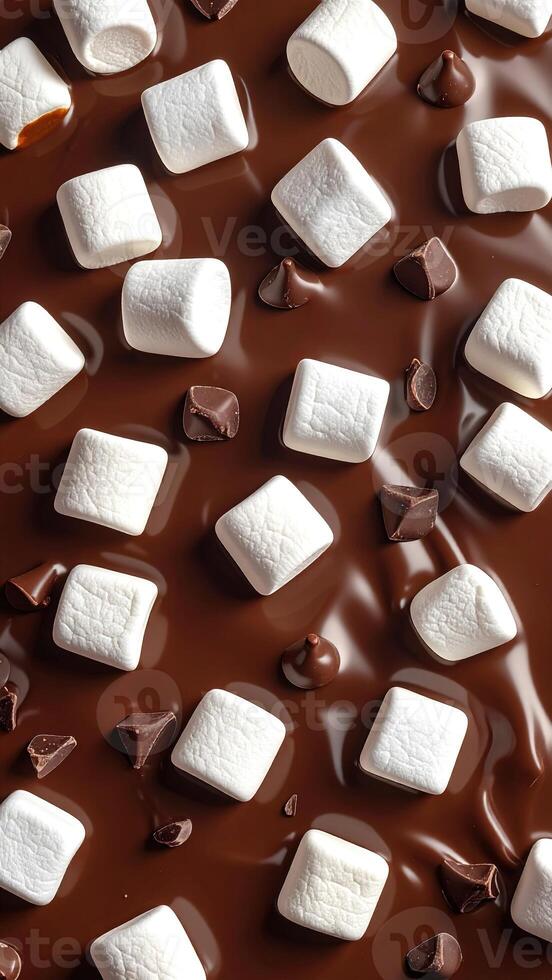 Melted chocolate, squares of marshmallows, and chocolate chips arranged in a visually appealing pattern. photo