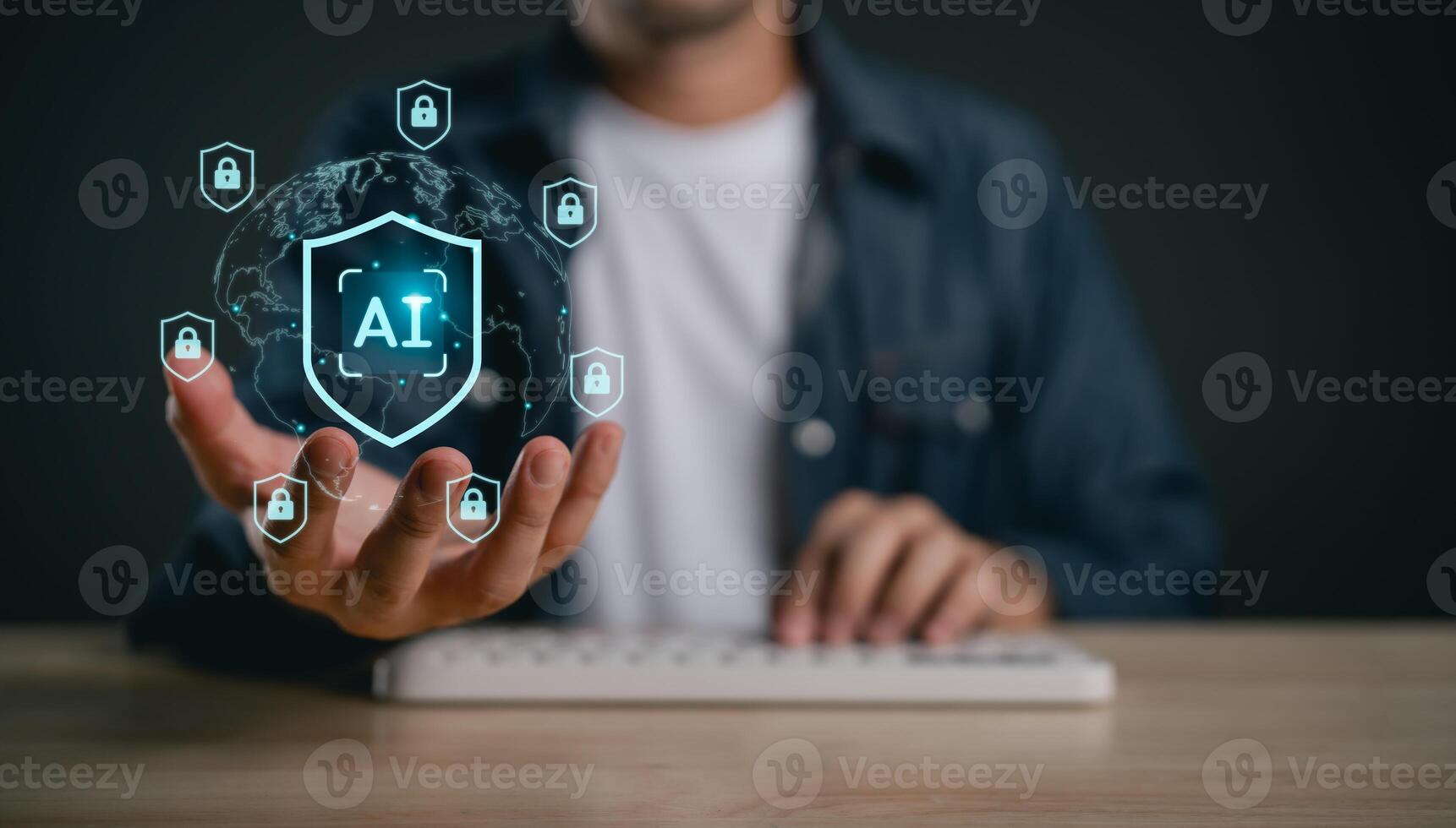Person holding glowing globe with AI shield icon and data protection symbols, representing artificial intelligence and cybersecurity in modern technology photo
