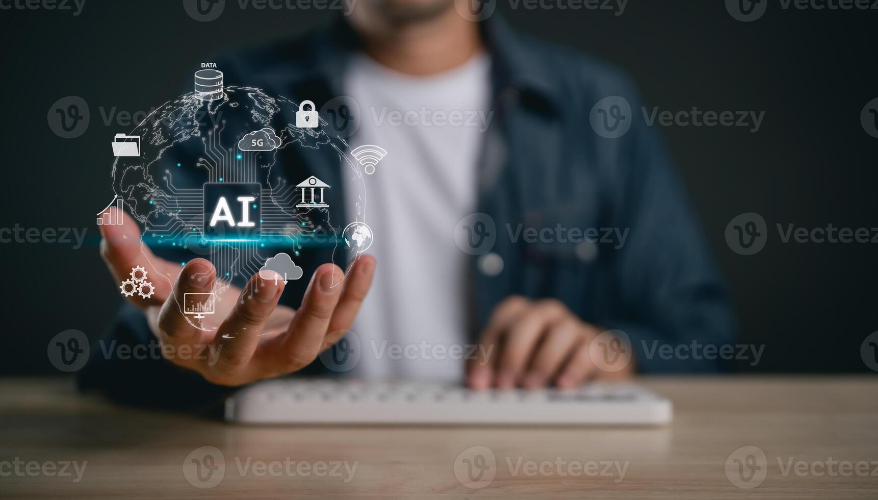Futuristic Representation of Artificial Intelligence with Global Connectivity and Technology Icons, Hands, Digital Interface, and Data Security Elements photo