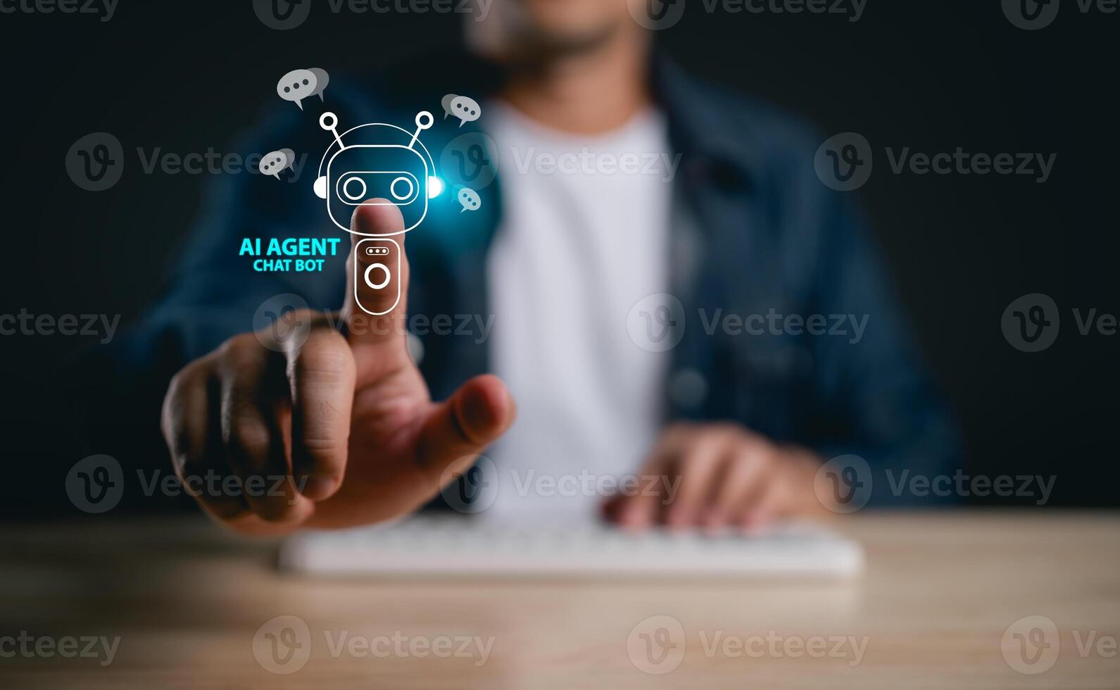 Human Interaction with AI Agent, Modern Chat Bot Concept Featuring Digital Interface and User Engagement on Desktop with Keyboard in Dark Setting photo