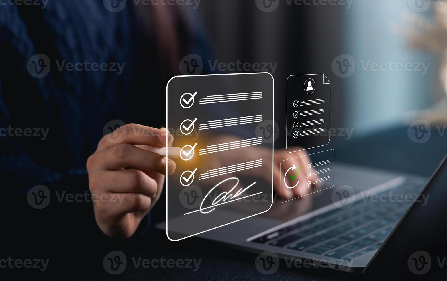 Close-up hand woman reviews a digital document on a laptop, holding a digital pen to add a signature, emphasizing modern technology and efficient workflows in office settings. photo