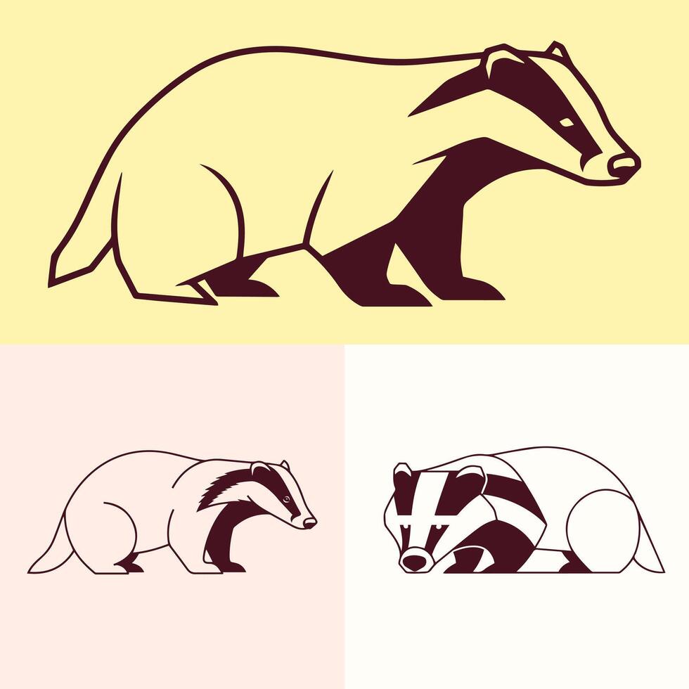 Stylized outlines of badgers in various poses on a split-color background vector