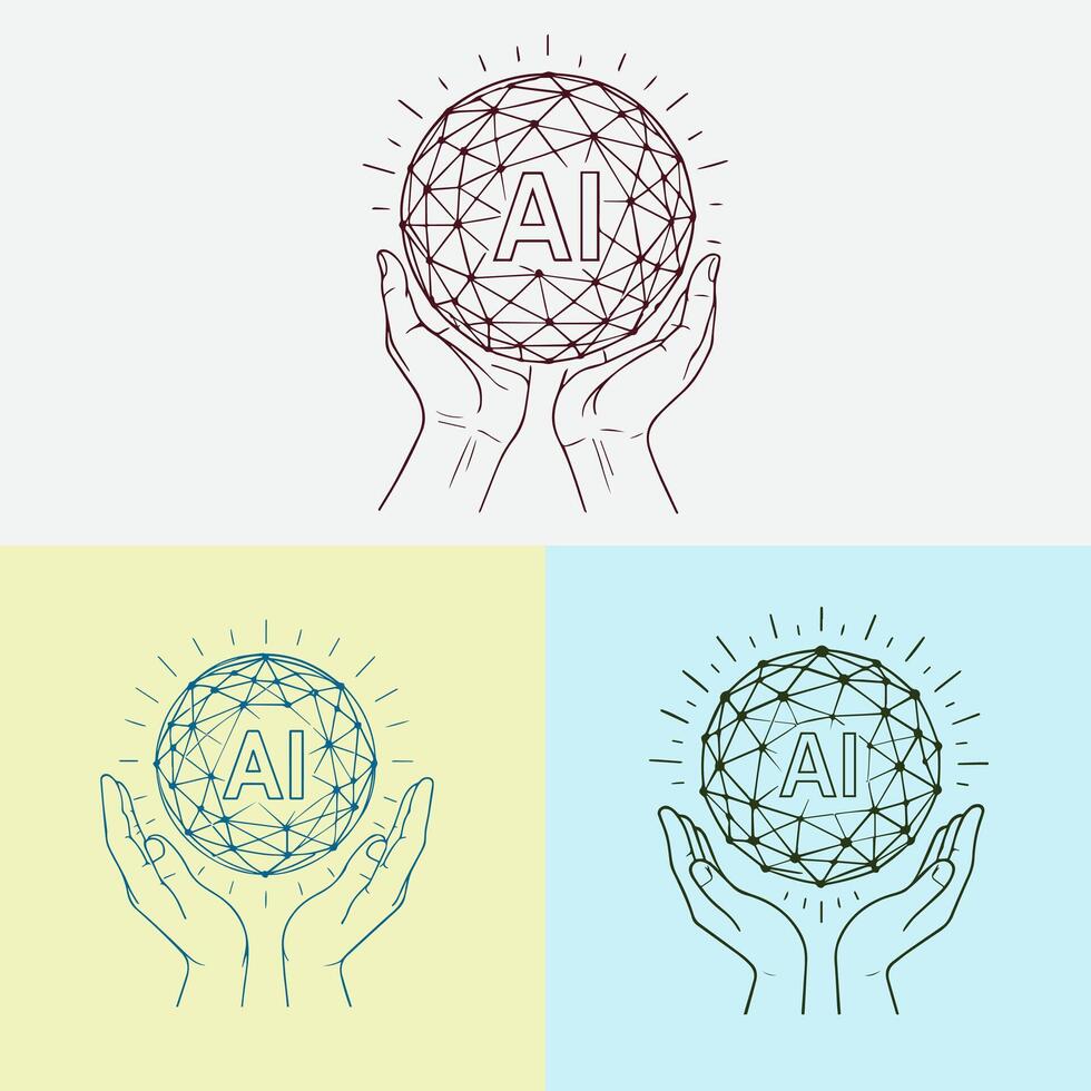 Hands hold a wireframe globe with AI logo inside, glowing vector