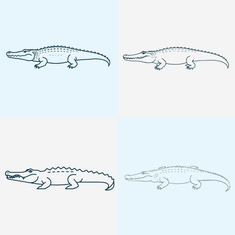 Four line-drawn alligators, each rendered with differing design styles vector