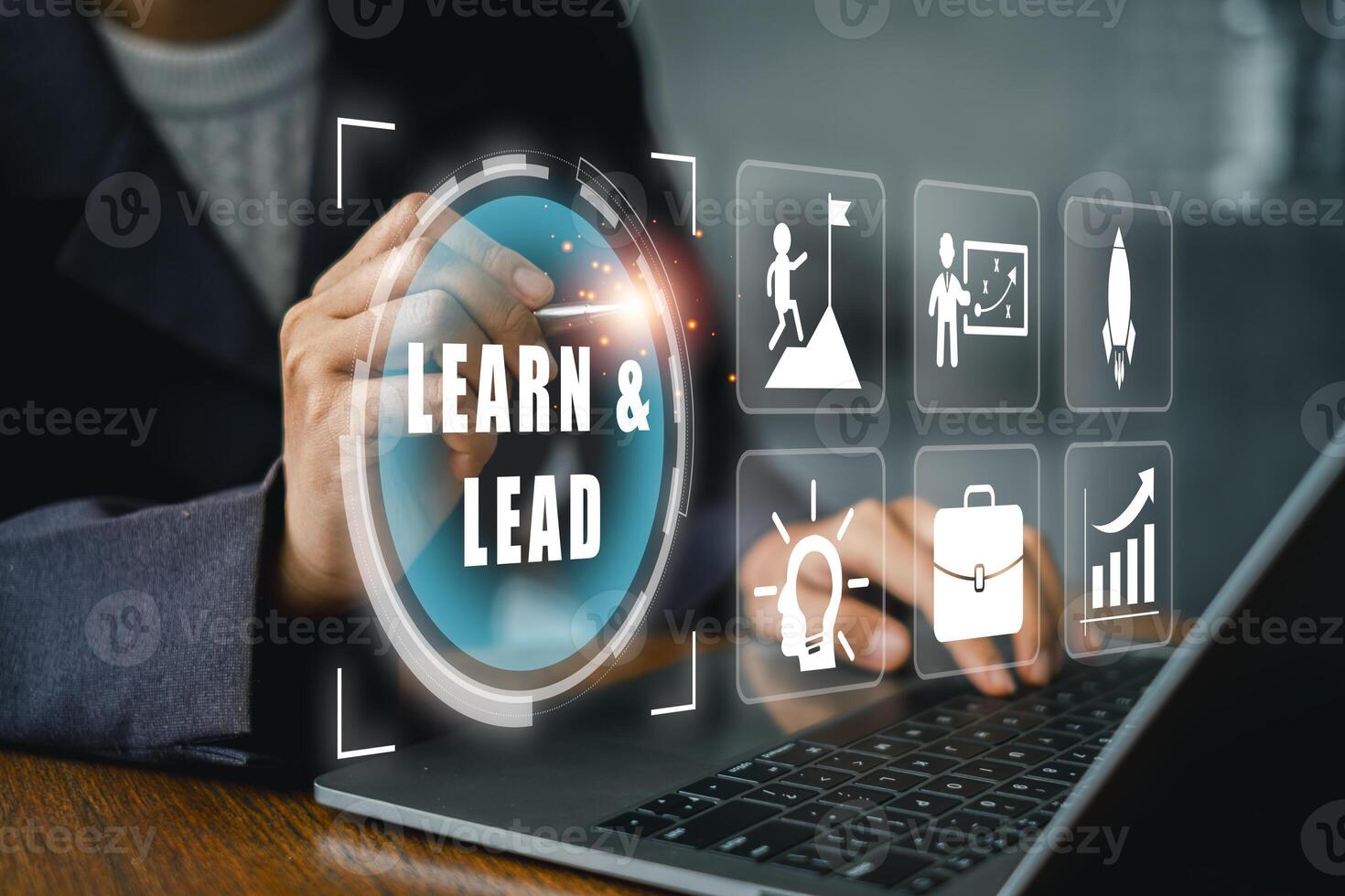 Futuristic digital interface highlighting the concept of 'Learn and Lead' with icons symbolizing growth, innovation, and leadership. photo