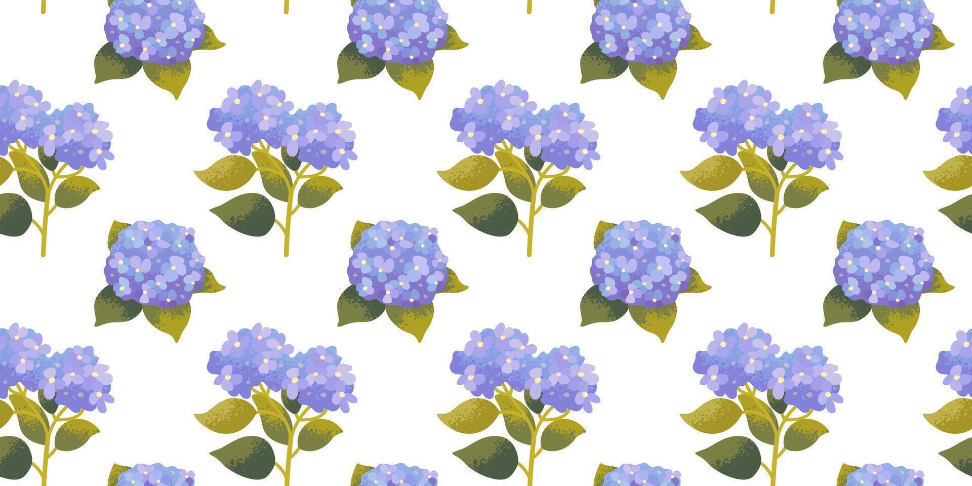 Seamless floral pattern with blue hydrangea branches on white background. Botanical pattern, fabric swatch vector