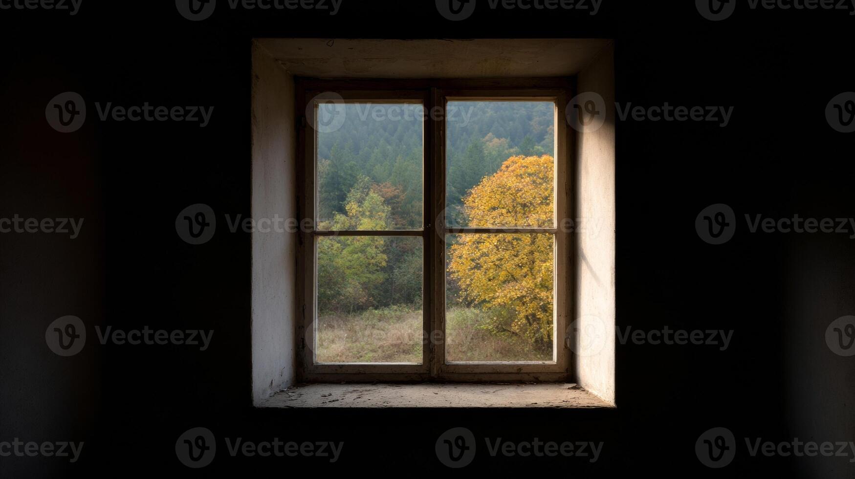 Silent autumn tableau through rustic window, capturing whispers of All Hallows Eve and Diwalis luminescent charm photo