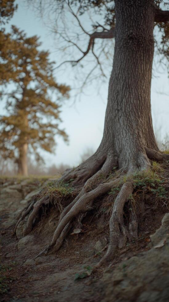Gnarled roots of ancient tree anchor wisdom, whispering tales of Toberfest and Earth Days grounding embrace photo