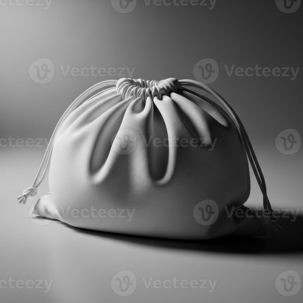 A soft gathered drawstring pouch made of smooth material casting a subtle shadow isolated on white background photo