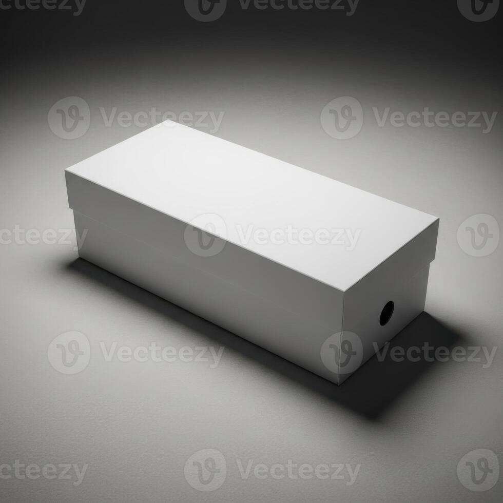 A simple rectangular white shoe box with a small circular hole on the side isolated on white background photo