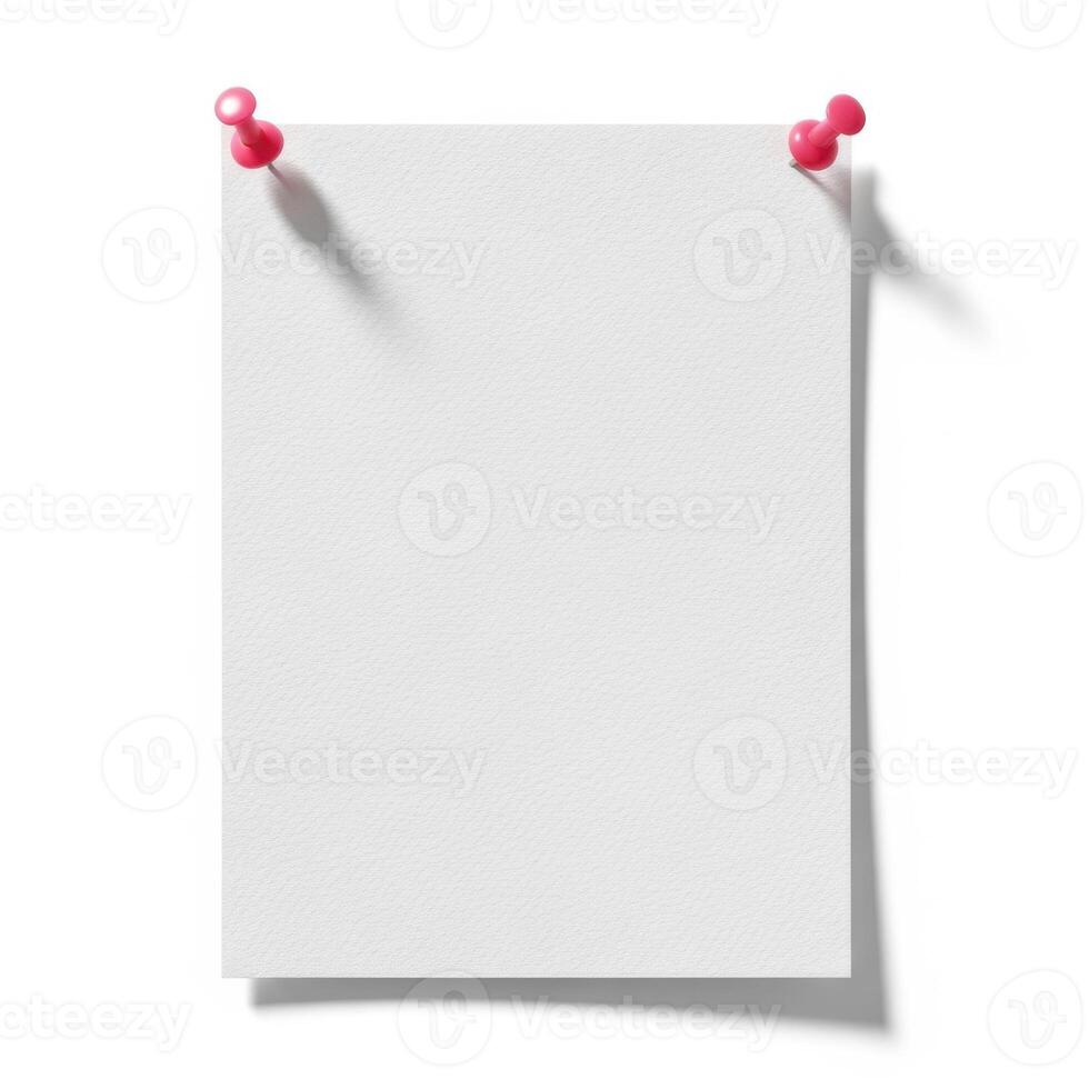 Blank white paper sheet pinned with red pushpins to a white background with subtle shadows isolated on white background photo