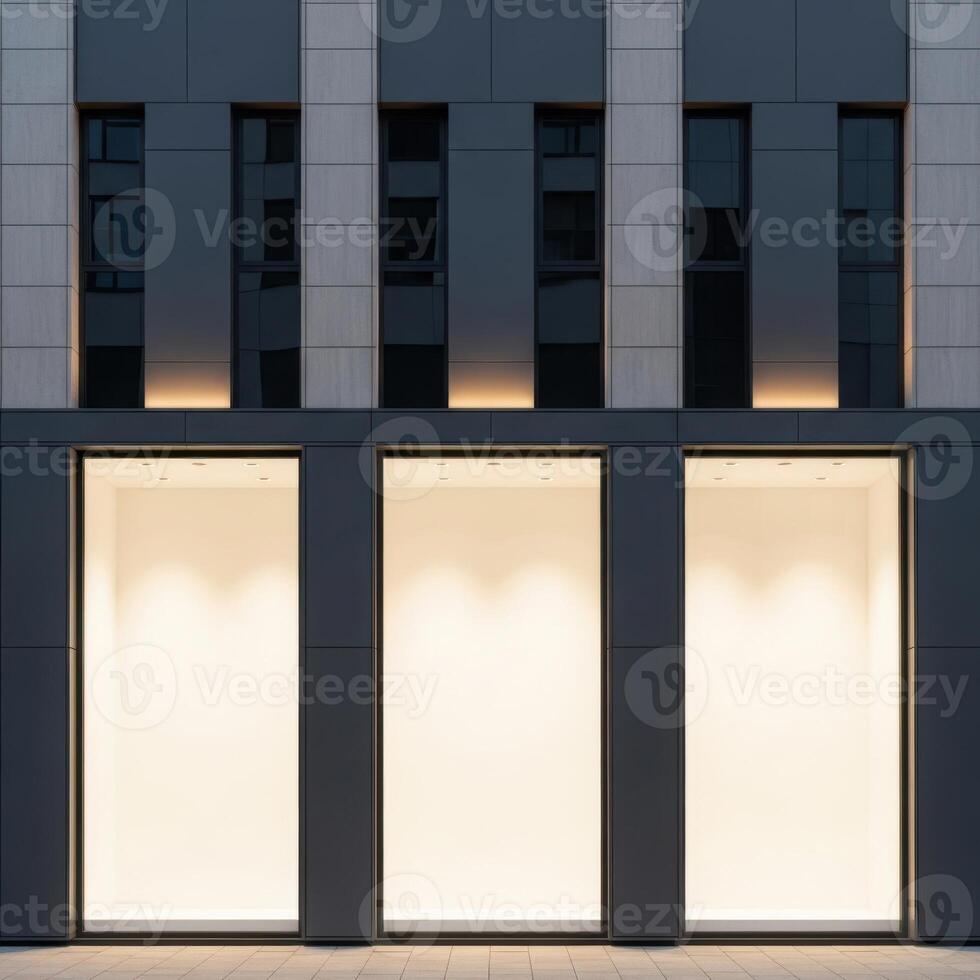Modern building facade with illuminated rectangular windows and vertical architectural elements isolated on white background photo