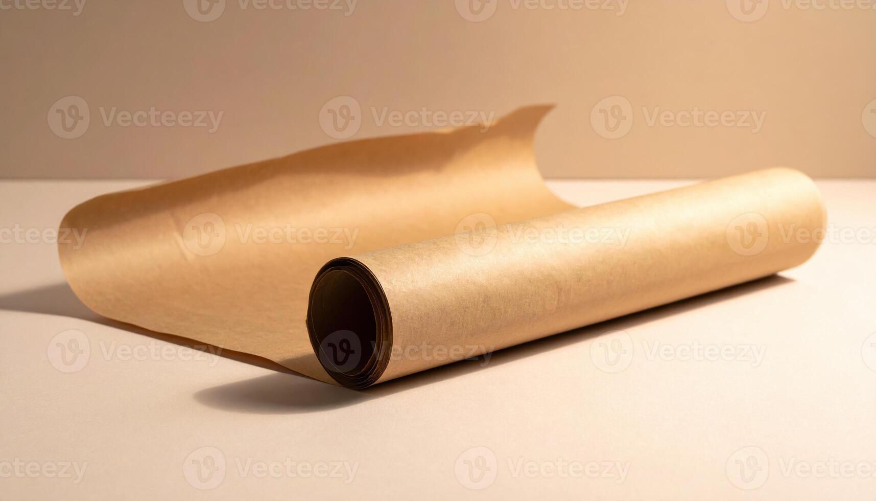 Kraft paper roll laid diagonally across table warm monotone background representing blank packaging backdrop suitable for branding mockup and product design photo