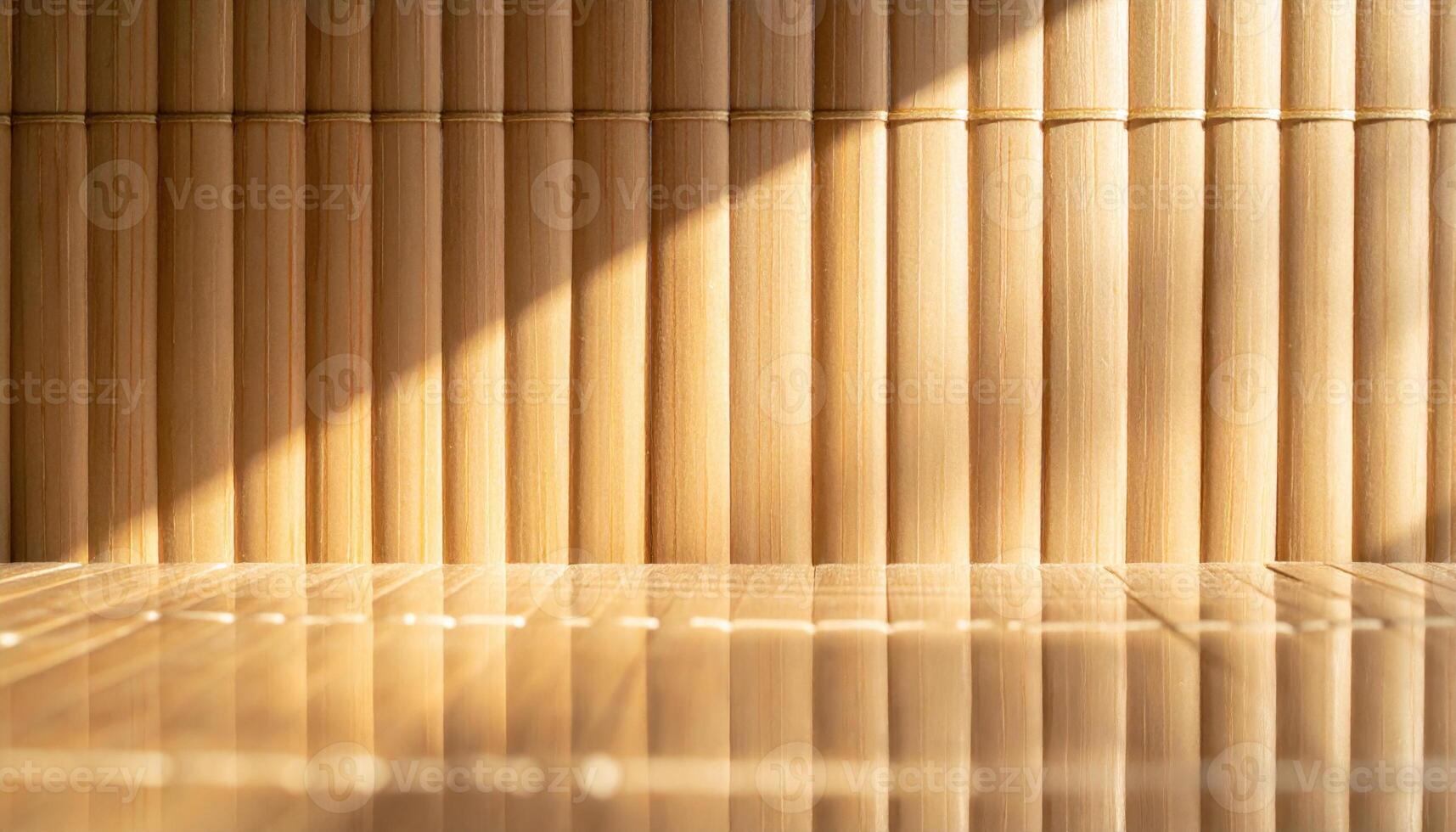 Bamboo screen slat gap casting linear shadow airy negative space to the right calm interior background with copy area for banner and minimalist layout photo