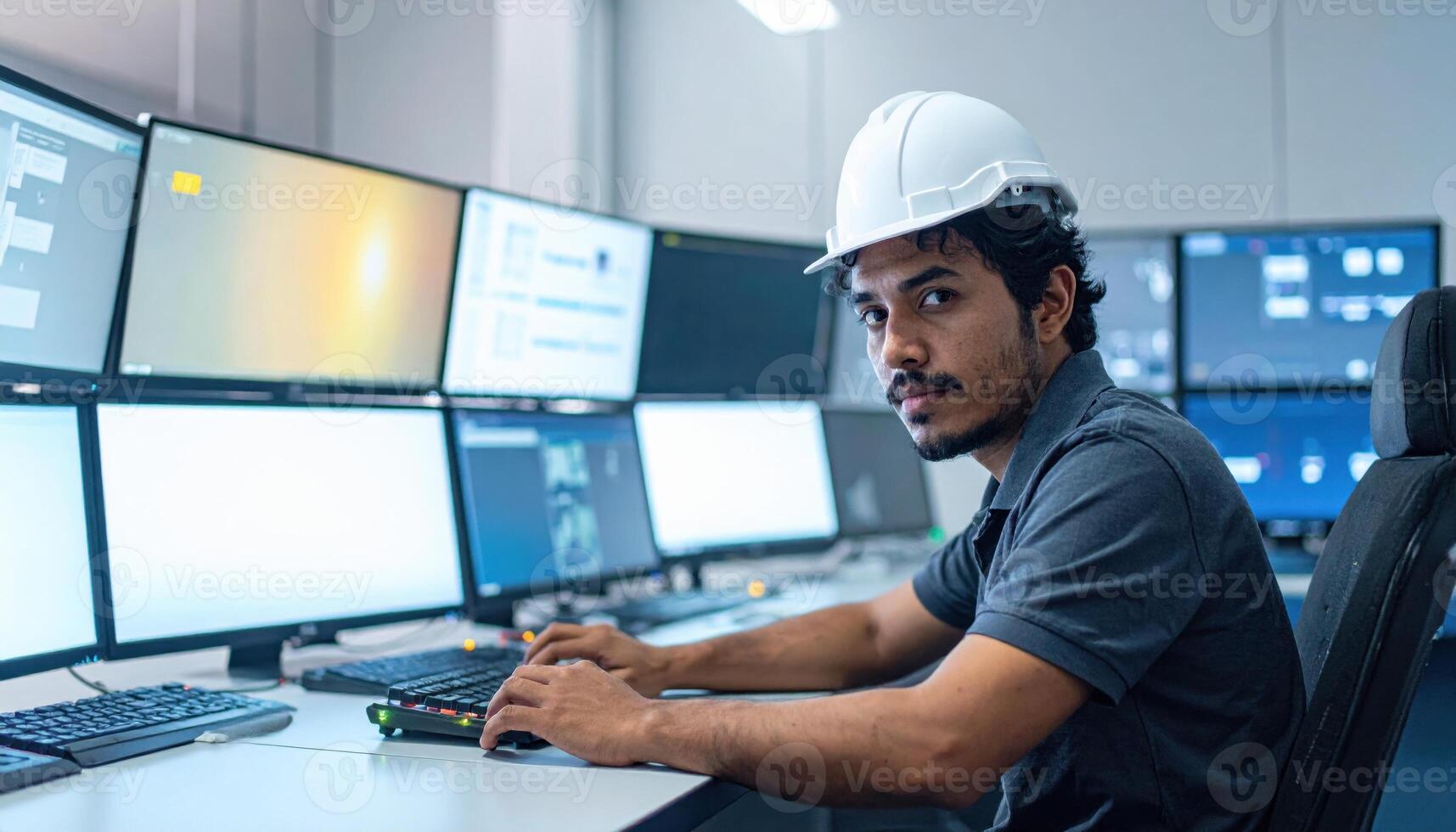 Operator at control panel with screens blurred clean ambient scene and large space for text minimal industrial background for technology branding photo