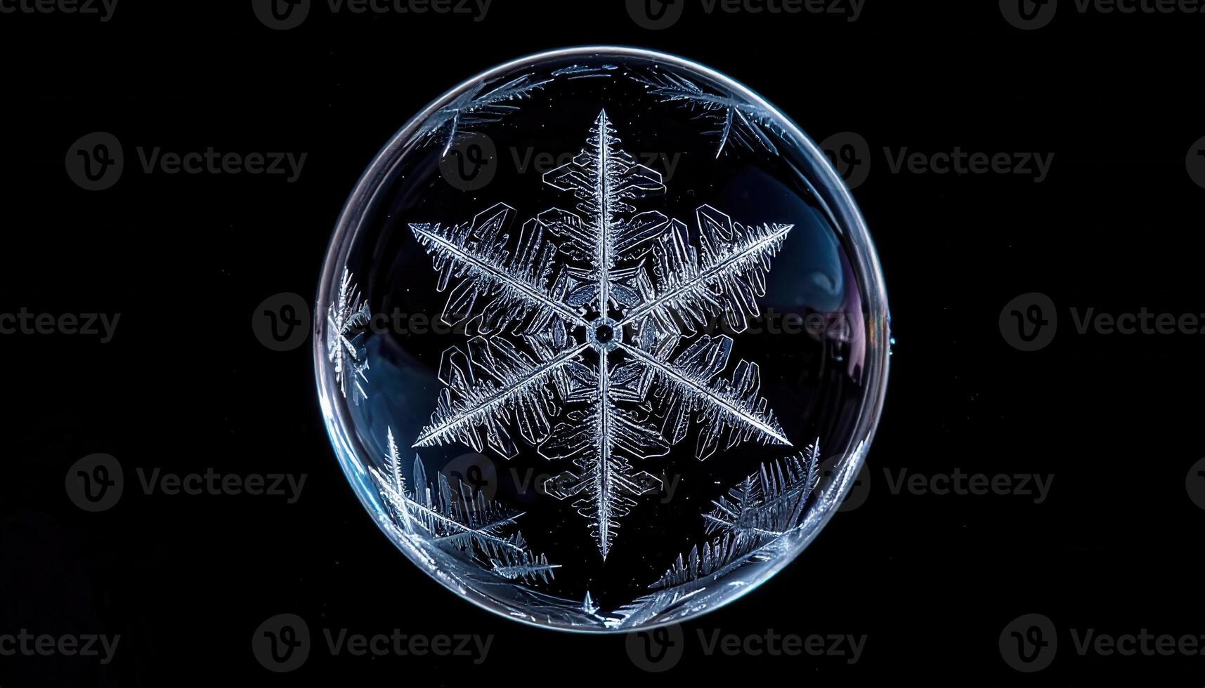 Frozen soap bubble with crystalline star patterns on black field macro clarity and central copy space for winter science design photo