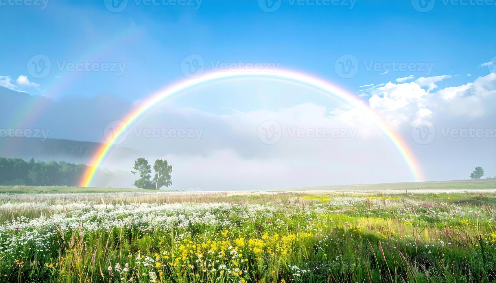 Fogbow over a pale meadow soft ethereal light and generous right side copy space representing white rainbow suitable for weather science and calm editorial design photo