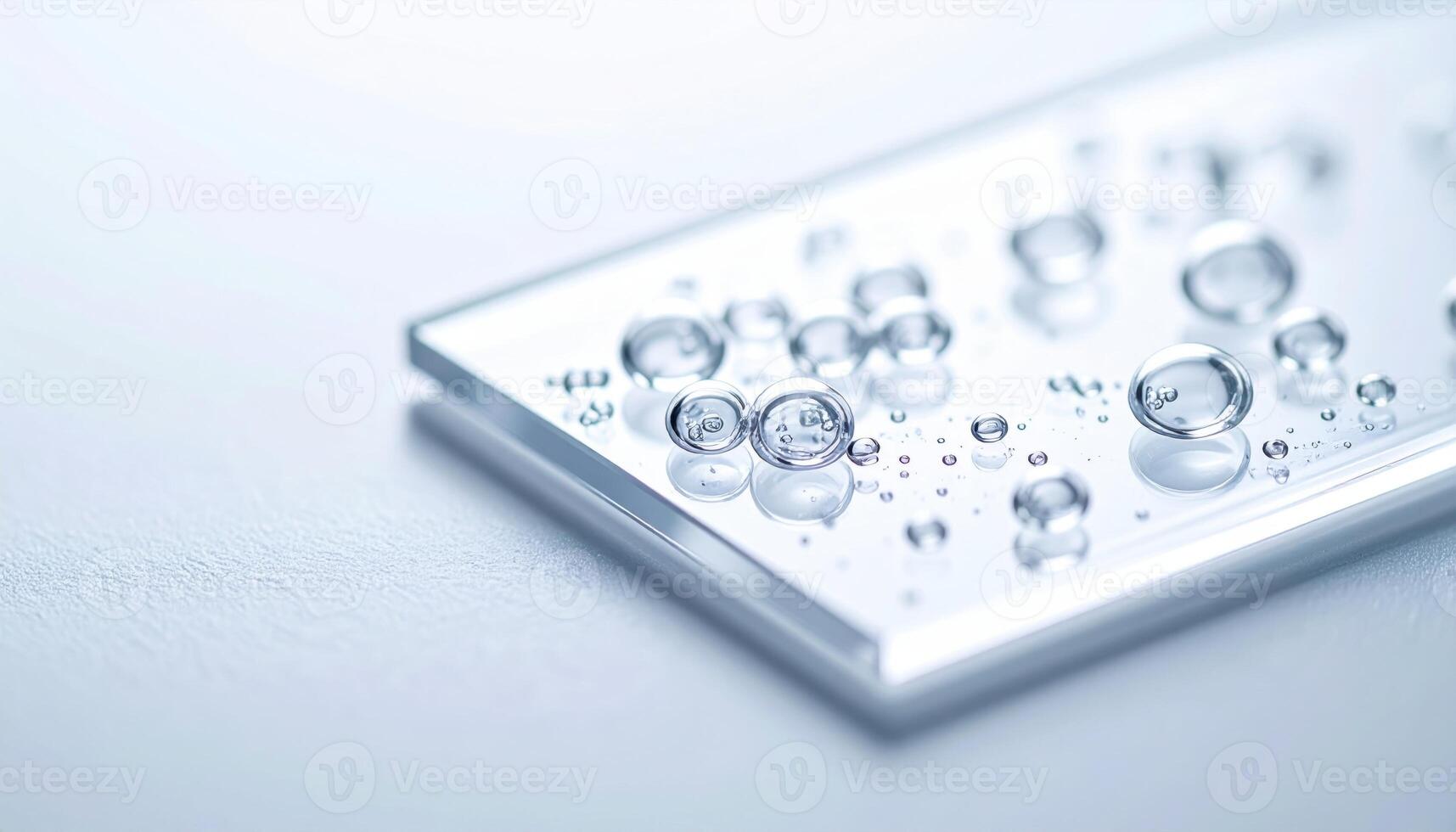 Specimen slide with tiny air bubbles on clear neutral ground left copy space representing lab microscopy suitable for science education and medical design photo