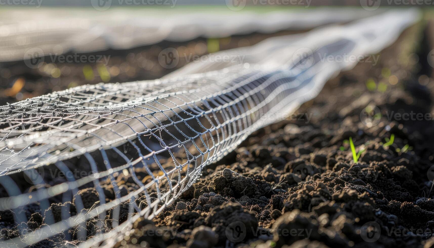 Orchard netting shadows fine grid on soil neutral palette left margin copy representing agriculture pattern suitable for farming editorial backgrounds and design photo