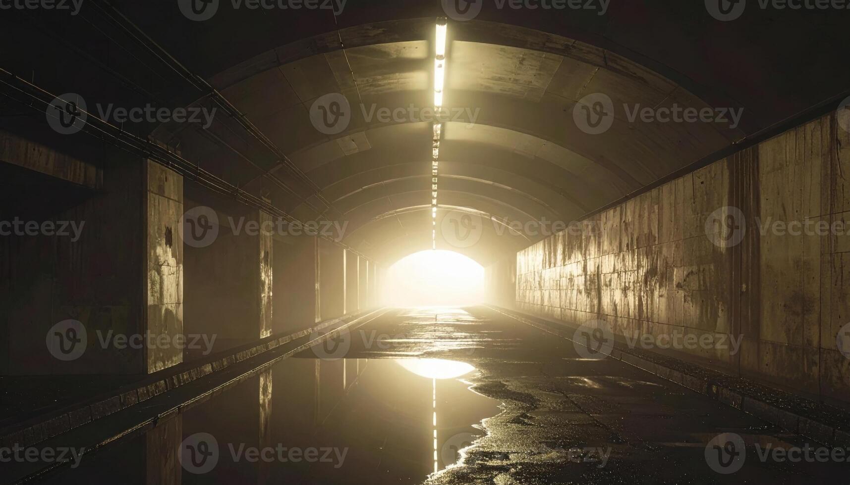 Misty underpass with a single light pool cinematic neutral tones left margin copy representing urban mood suitable for architecture editorial and banner design photo