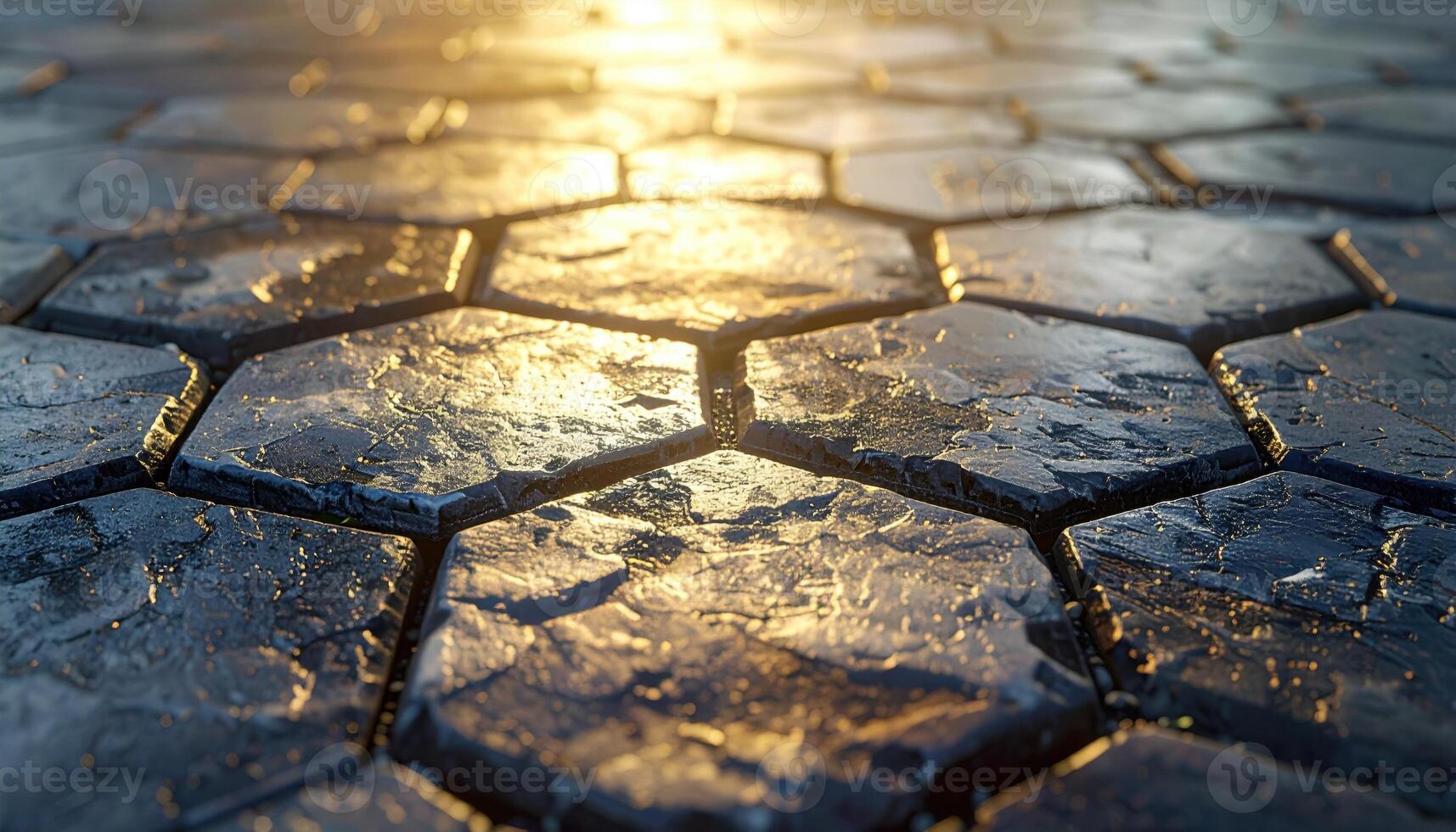 Paving stone hex pattern evenly worn desaturated palette central copy space representing urban surface suitable for architecture branding mapping and design photo