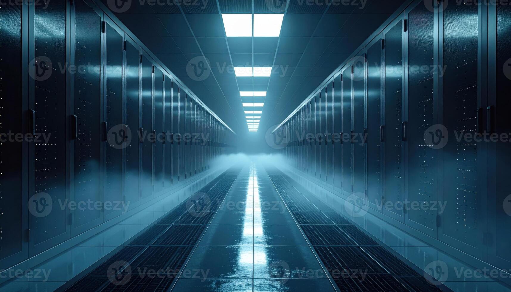 Data corridor cold aisle with alternating light pools and microfog representing high tech infrastructure and controlled airflow suitable for technology features data center education photo