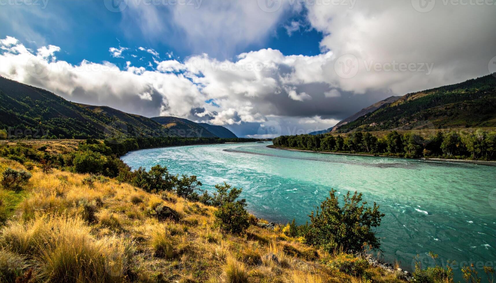 River confluence seam two colors meeting in soft S curve representing hydrologic mixing and elegant surface geometry suitable for education features travel stories and clean design photo