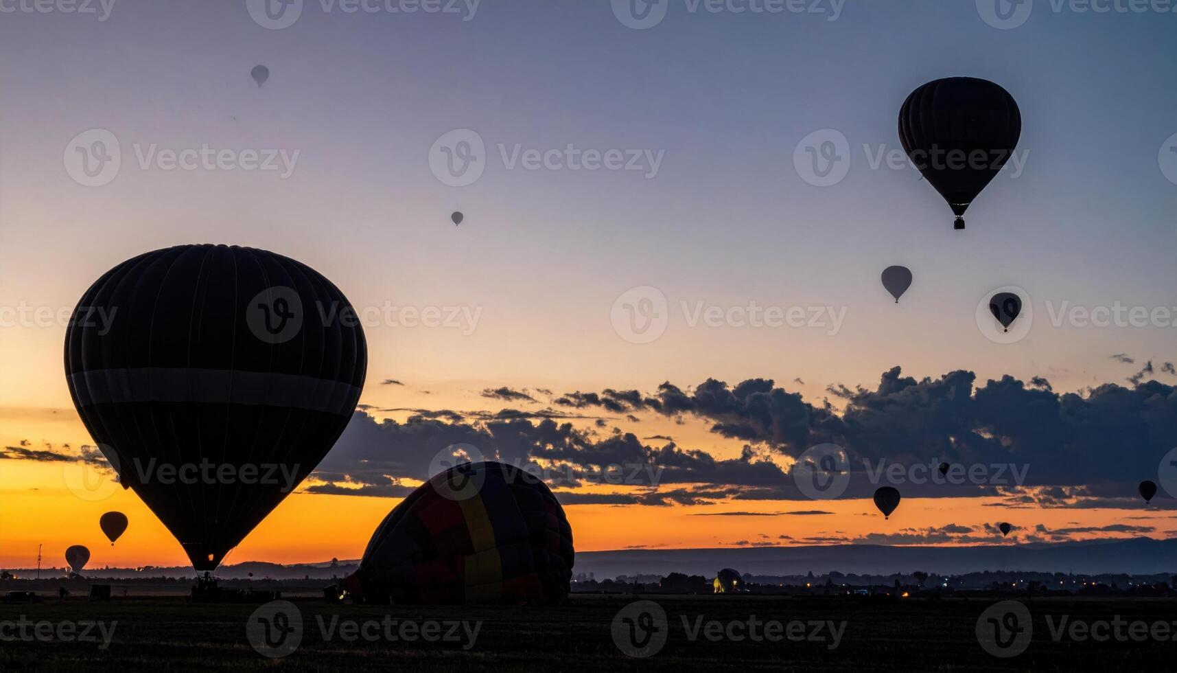 Weather balloon launch field at twilight with city glow moody horizon representing atmospheric research and field science suitable for education features climate reporting and editorial design photo