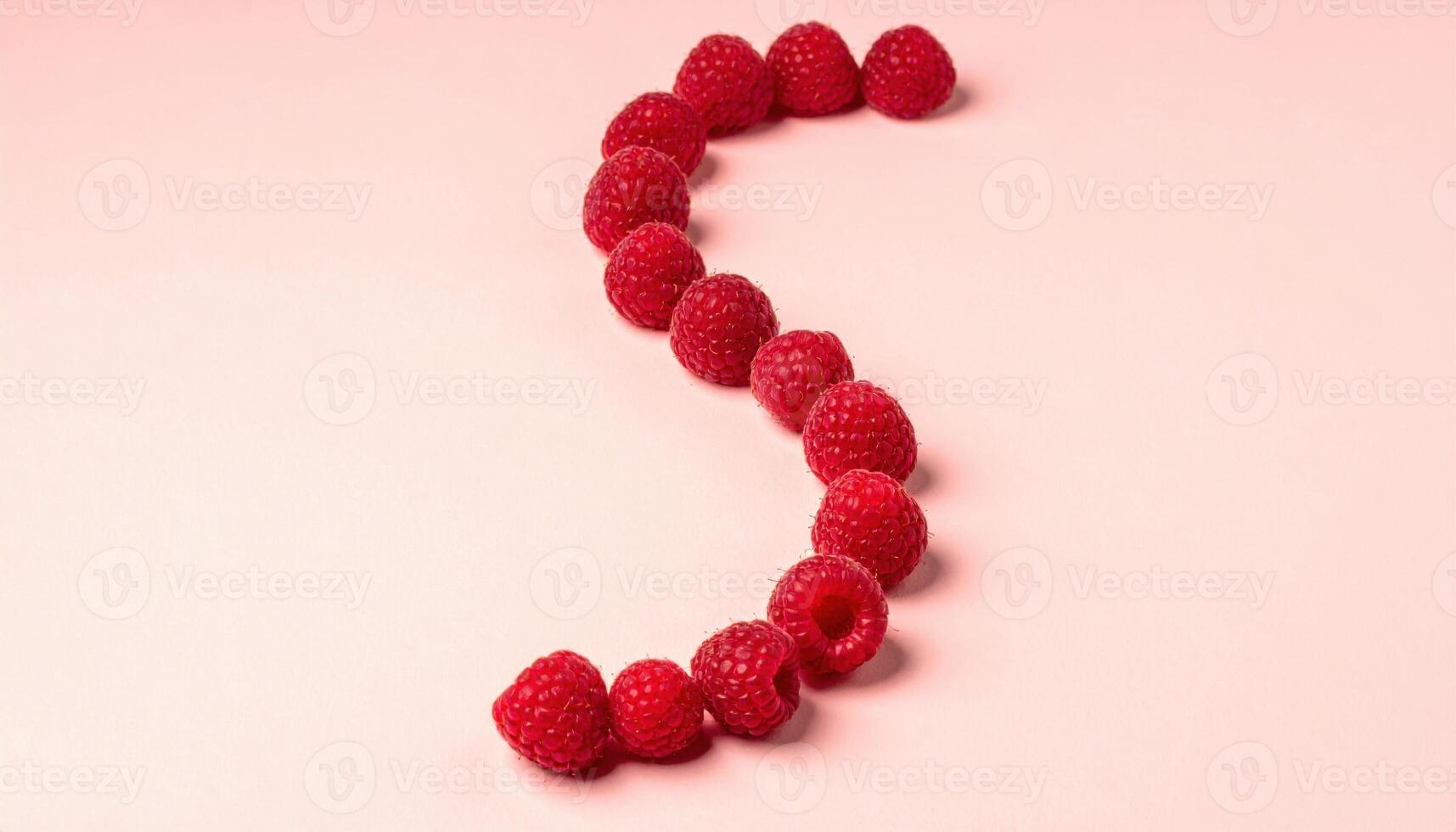 Studio photo of raspberries arranged in a gentle serpentine curve on matte rose ground, subtle top glow and airy negative field.