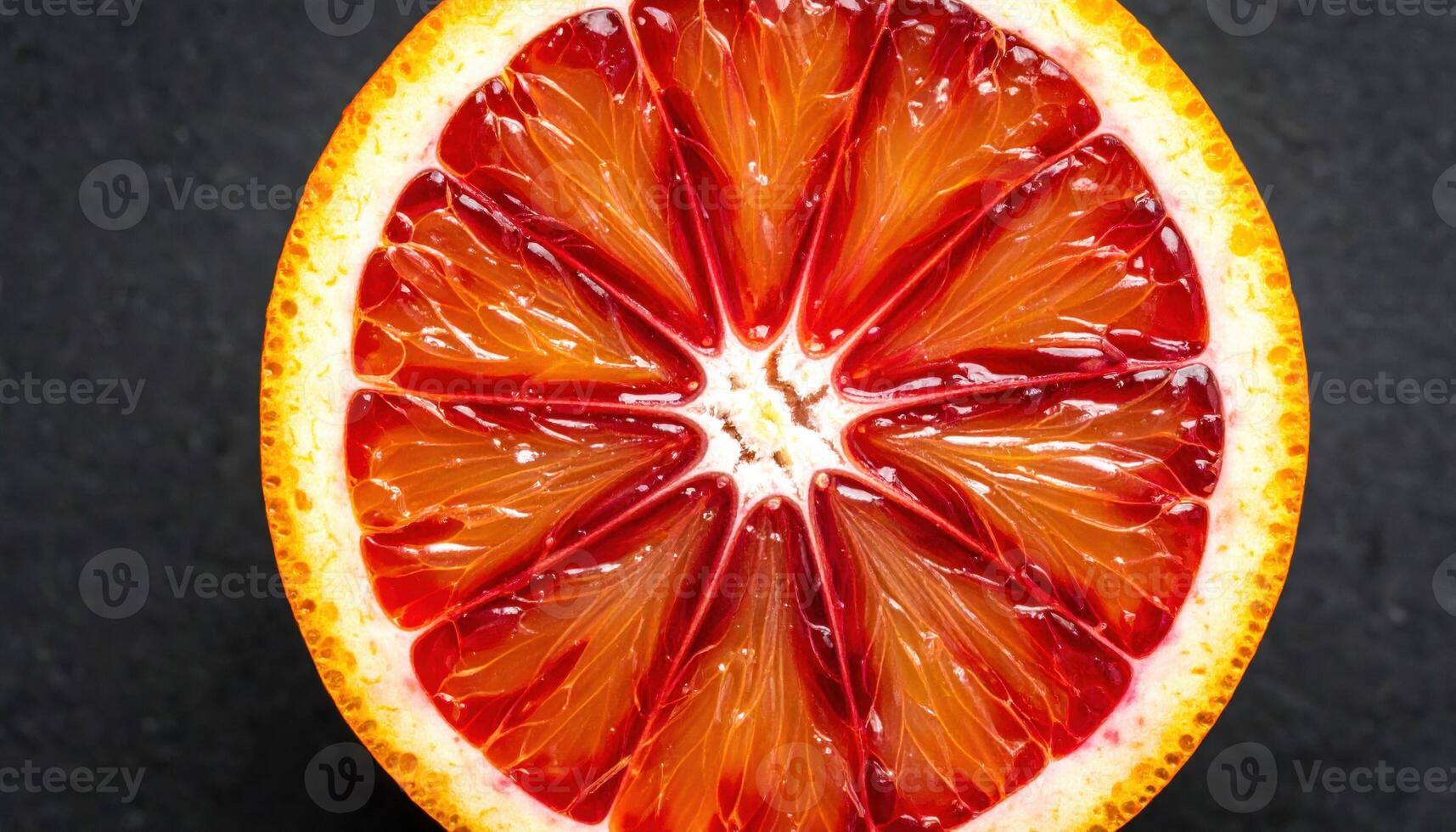 Cinematic studio photo of a single blood orange cross section glowing from backlight on matte charcoal background with soft edge falloff.