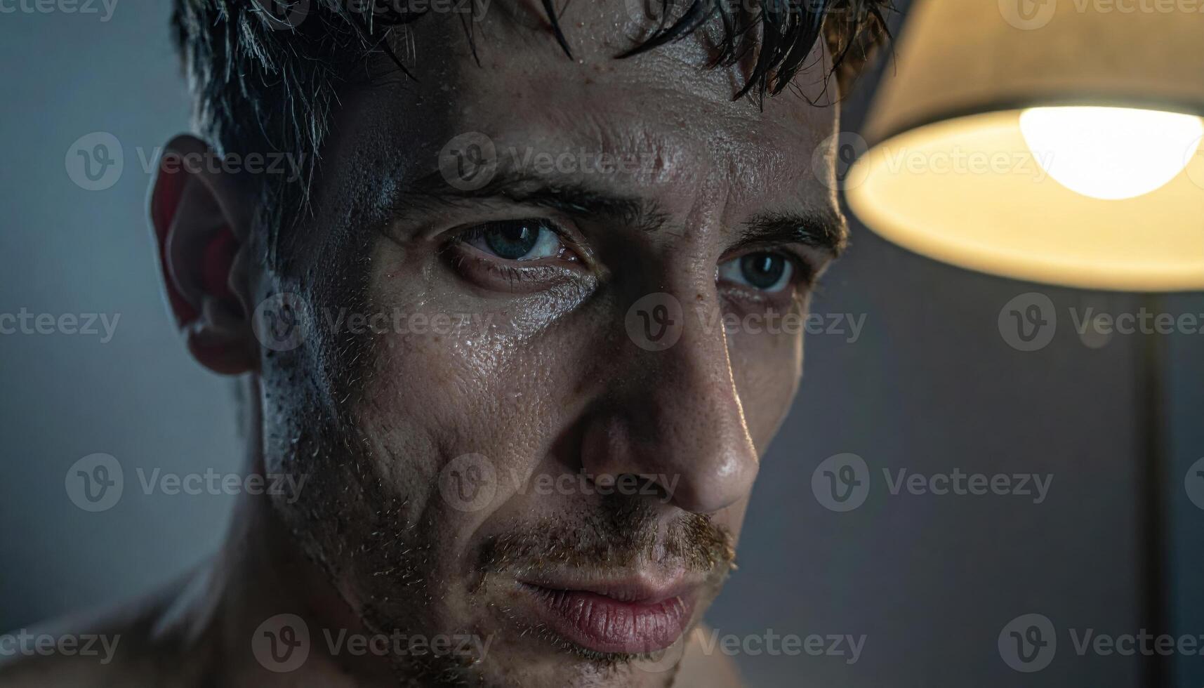 Adult showing sorrow with restraint moist eyes minimal tear low key single practical lamp moody studio portrait for counseling awareness editorial and storytelling photo