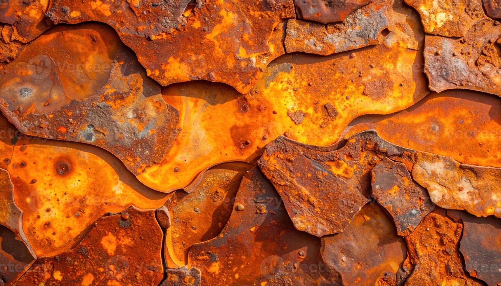 A textured surface of aged and weathered metal displays vibrant shades of rust, creating a captivating abstract pattern with its peeling and cracked layers. photo