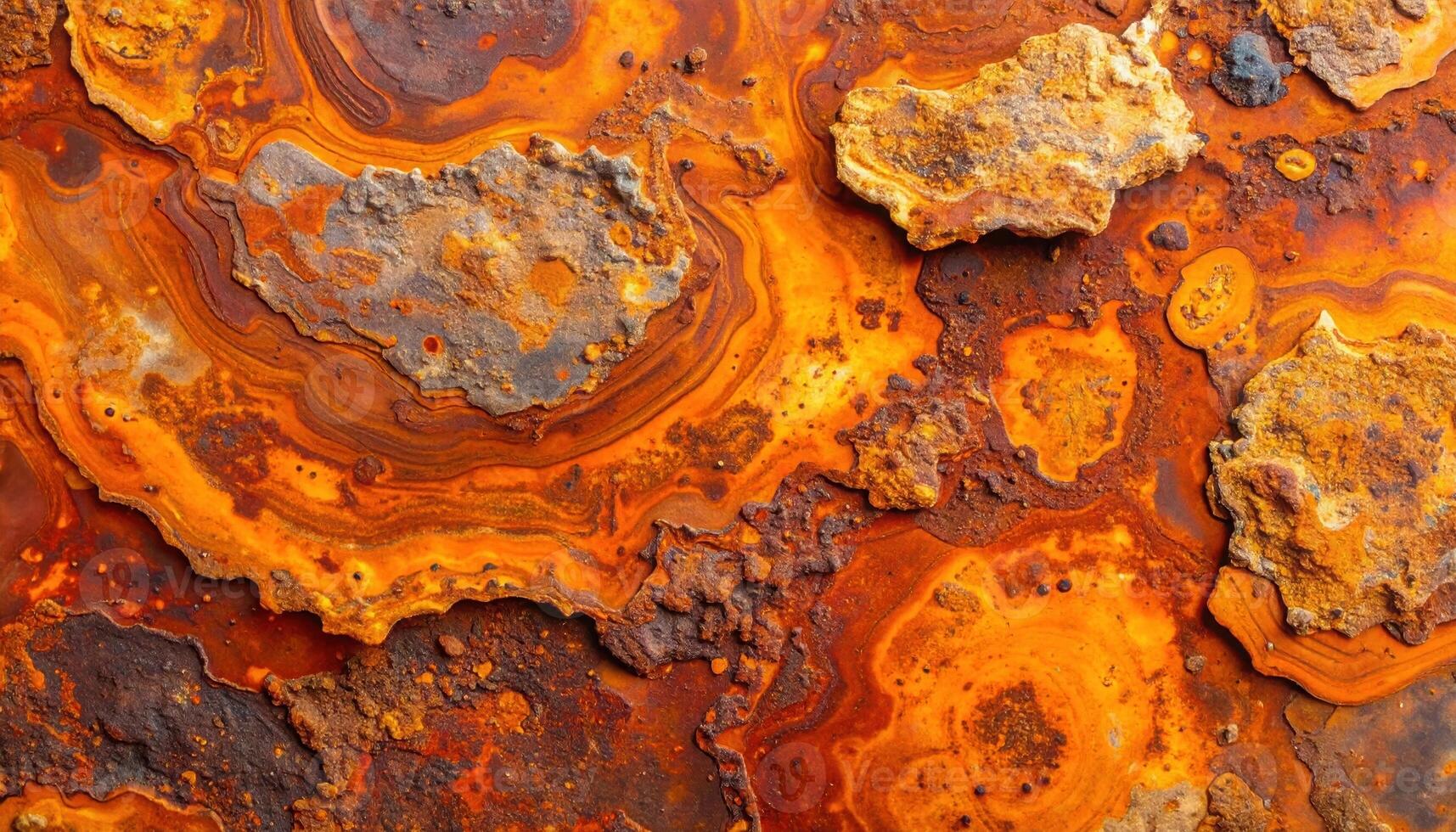 The abstract textures of corroded metal reveal a mesmerizing pattern of rusty orange, brown, and gray colors creating a unique and artistic aged surface. photo