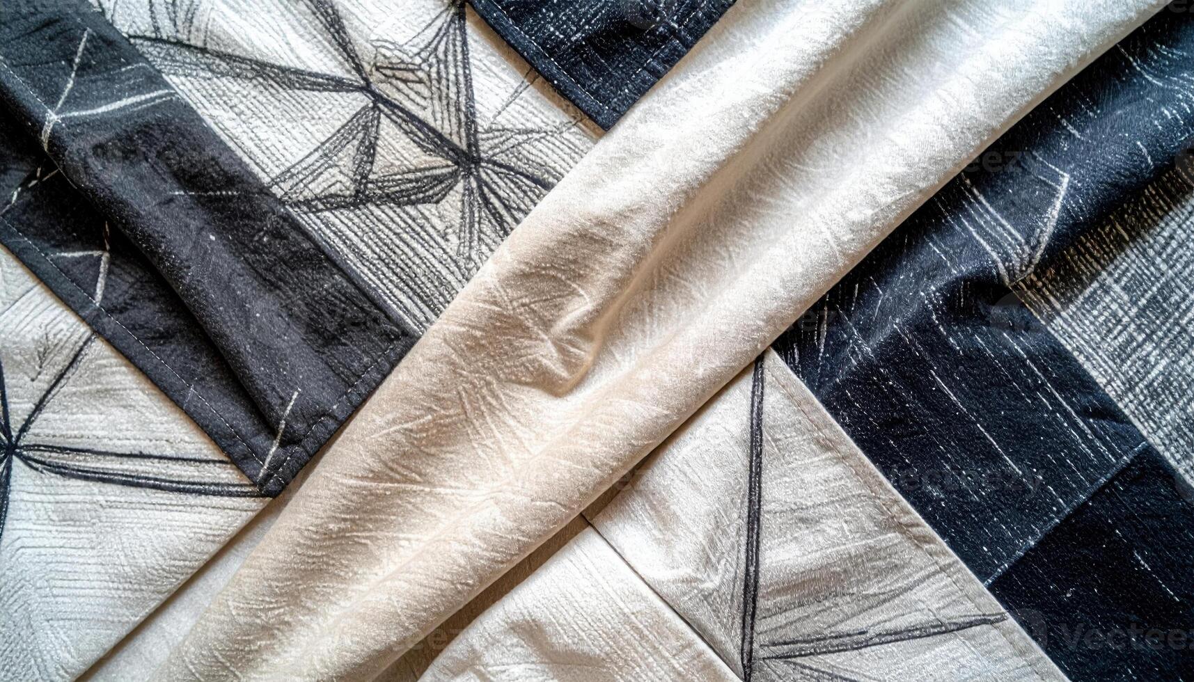 An abstract closeup showcases a modern geometric quilt pattern, featu contrasting dark and light fabrics with intricate line work and subtle textured details. photo