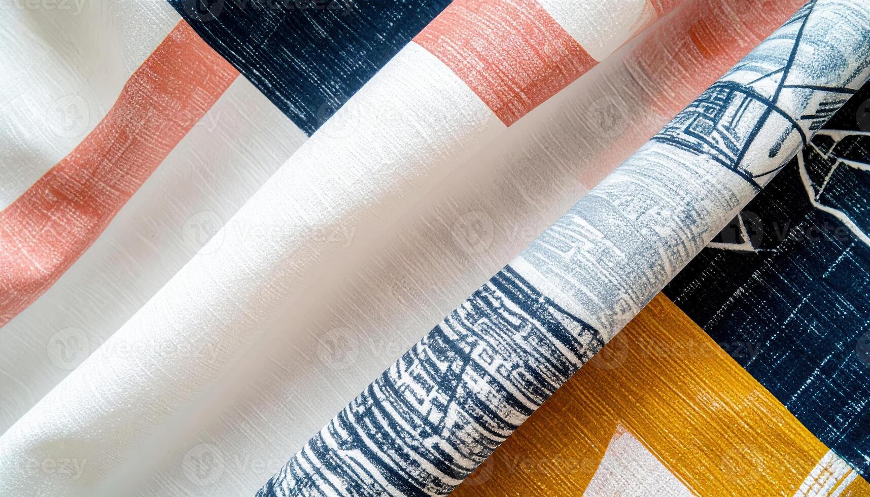 Abstract geometric pattern with intersecting lines and colorful blocks on a textured fabric creating a modern and artistic background for design projects. photo