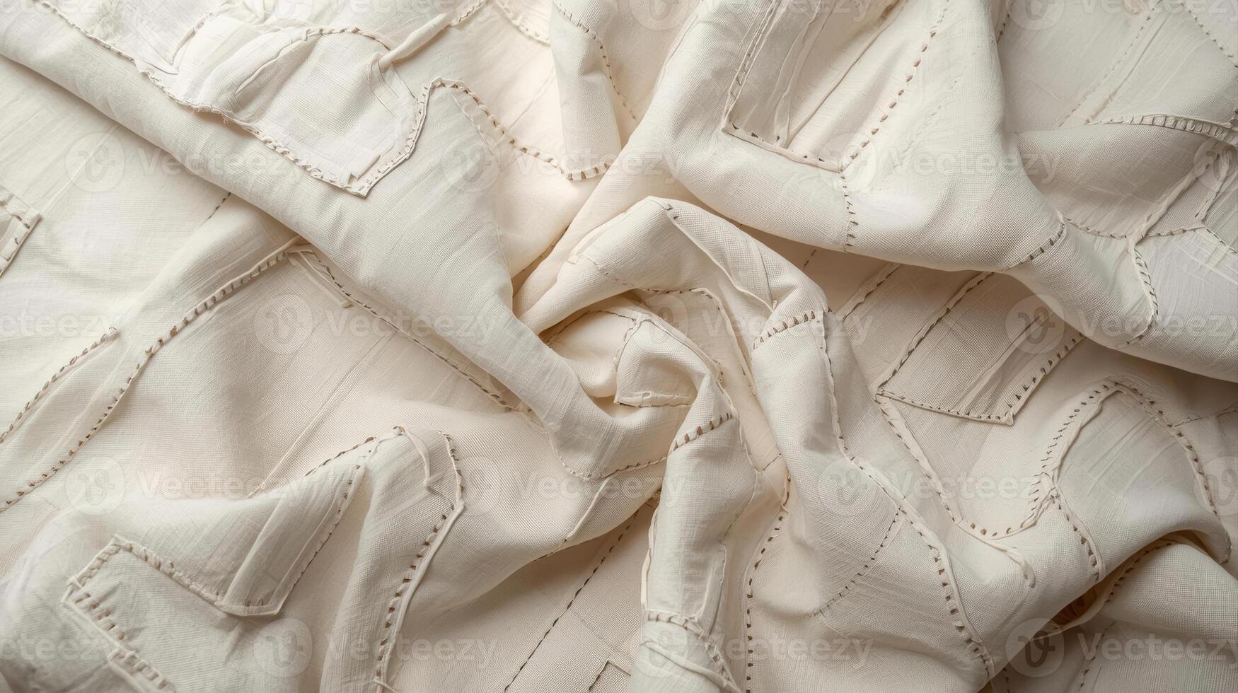 Close up shot of intricately stitched off-white fabric showcasing a textured, hand-crafted design with subtle patterns and delicate seams creating visual depth. photo