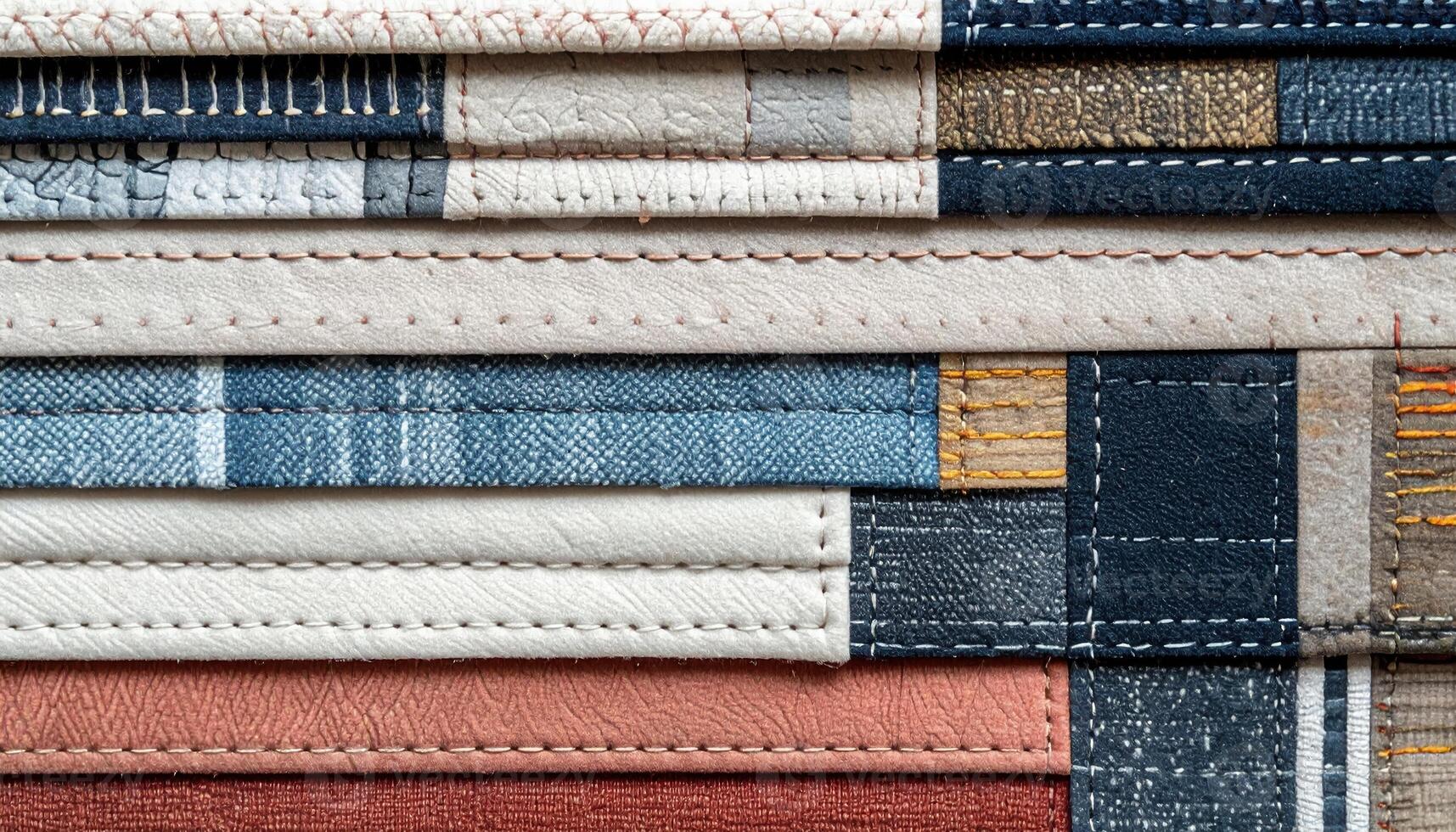 A meticulously crafted close-up displays an array of stitched fabric swatches, showcasing diverse textures, colors, and patterns arranged in a textured design. photo