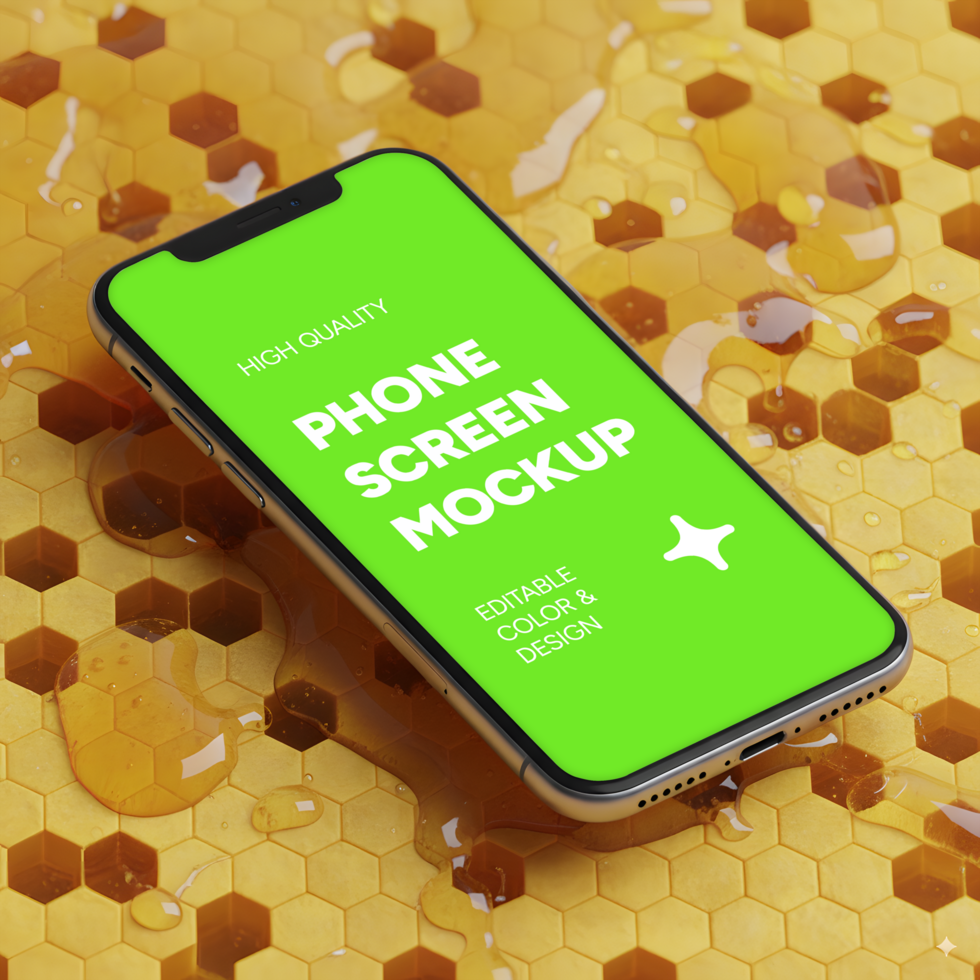 Realistic smartphone screen mockup on honeycomb background with glossy liquid honey surface showcasing editable mobile app design template for branding and user interface presentation psd