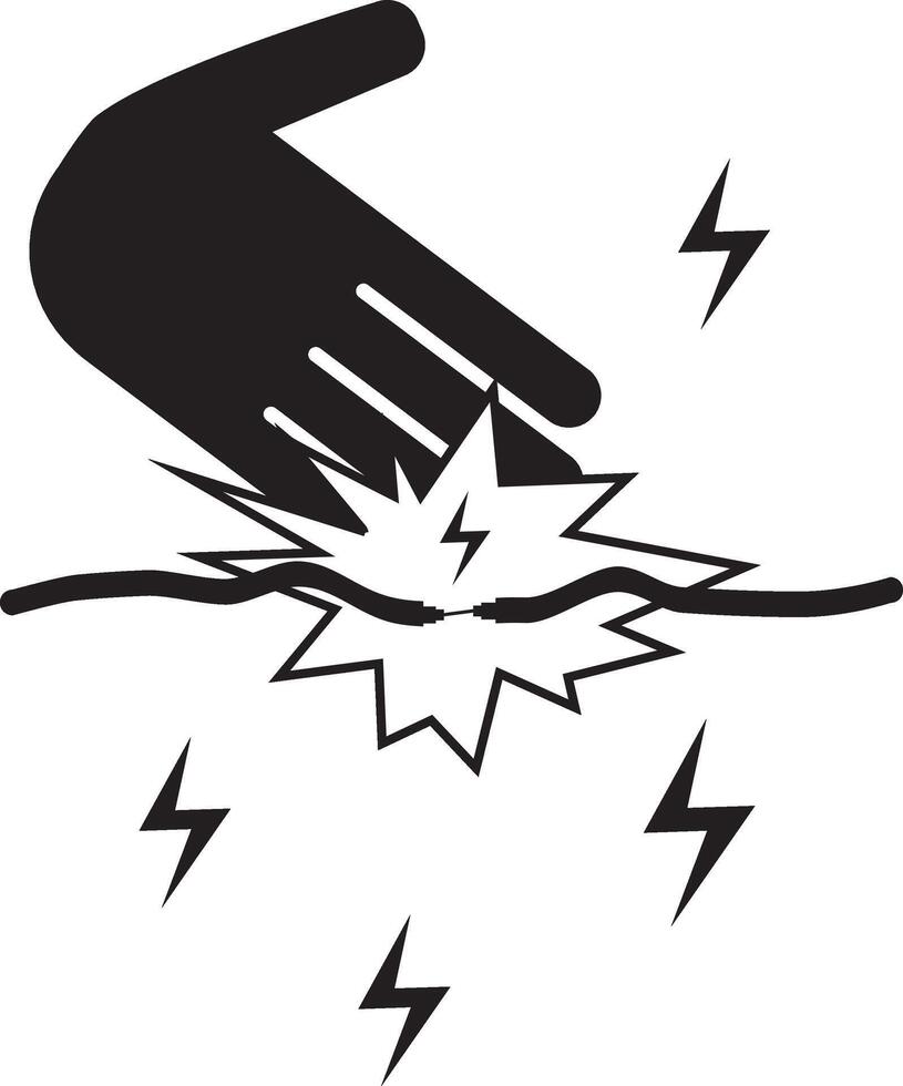 icon of a hand reaching for a broken, sparking electrical wire, a warning symbol for the danger of electric shock and electrocution vector