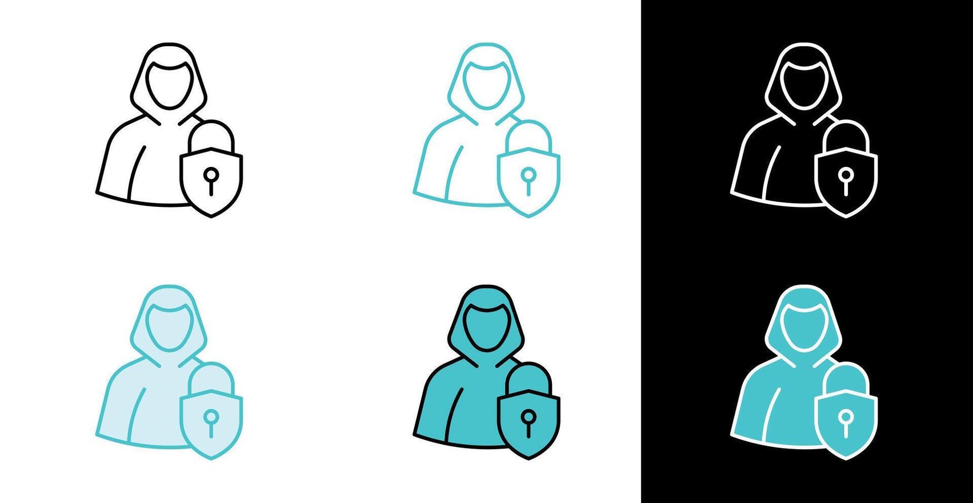 Hacker hooded figure with padlock icon for internet security and privacy in line and fill style vector